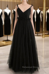 A-Line Black Tulle Long Semi Formal Prom Dresses, Black Formal Evening Dresses